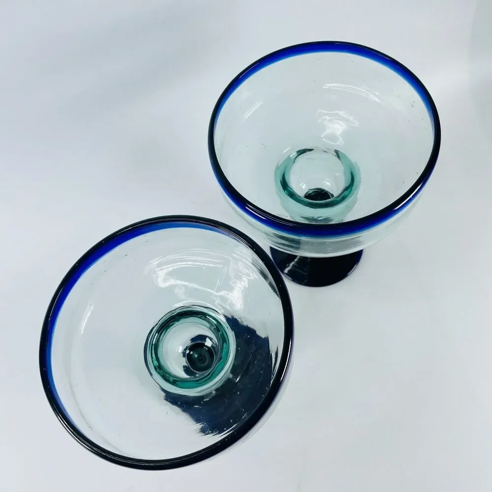 2 LG Hand Blown Margarita Glasses Clear w/ Cobalt Blue Rim & Base Cocktail Glass